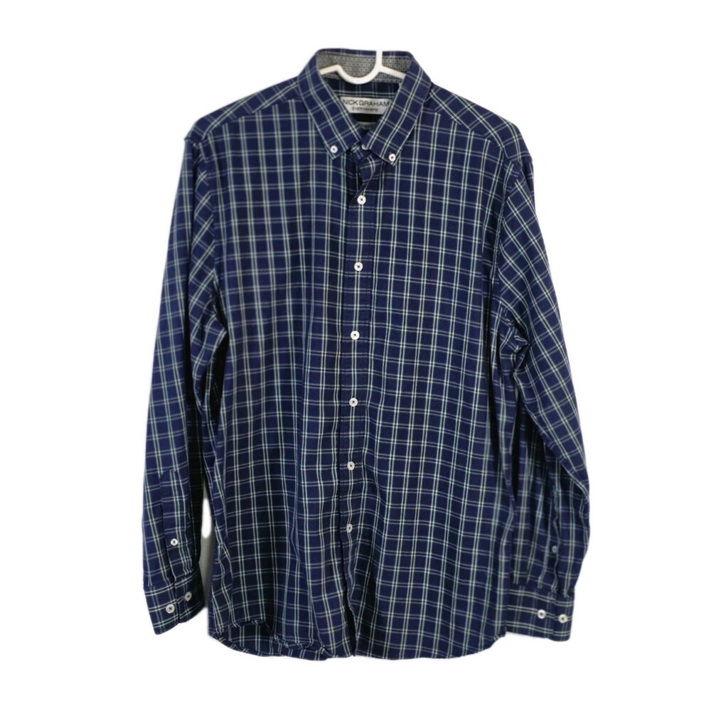 Nick‎ Graham Men's Large Blue with Green White Plaid Button Up Shirt * FLAWED*